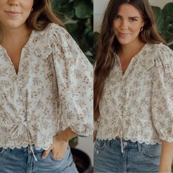 Neuflora Tops - Neuflora Evora Blouse Top Medium Floral Peter Pan Collar Eyelet Lace